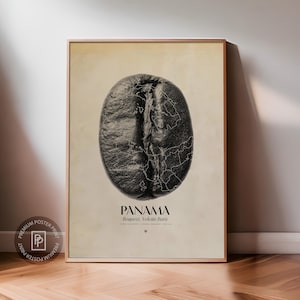 Peut inclure: Affiche encadrée présentant une image détaillée en niveaux de gris d'un grain de café. Le grain est texturé avec des fissures et des lignes visibles. Le texte "PANAMA Boquete, Volcán Barú" est en dessous. L'affiche est dans un cadre en bois.