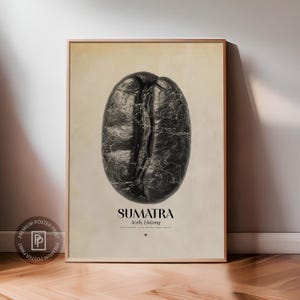 Könnte beinhalten: Gerahmtes Poster mit einer detaillierten, graustufigen Illustration einer Kaffeebohne. Die Oberfläche der Bohne ist mit einer Karte von Sumatra, Indonesien, strukturiert. Das Wort "SUMATRA" ist darunter gedruckt, zusammen mit "Aceh, Lintong". Das Poster ist in einem Holzrahmen.
