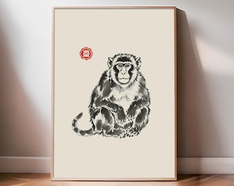 Japanese Macaque Print | Monkey Wall Art, Black and White Ink Illustration, Woodblock, Linocut, Minimal Decor
