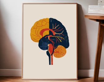 May include: A stylized illustration of a human brain with a yellow and blue color scheme. The brain is shown in profile, with the left side of the brain in yellow and the right side in blue. The brain is also shown with a red and yellow vascular system.