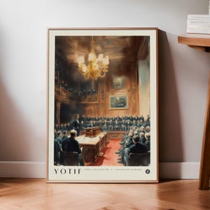May include: A framed print depicting a Victorian courtroom. The image shows a formal gathering with many figures in dark suits, a central table, and a chandelier. The print is in a wooden frame and features the text "YOTIF LEGAL COLLECTION | VICTORIAN TRIBUNALS".