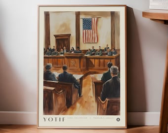 May include: Framed courtroom art print featuring a detailed depiction of a trial in progress. The artwork showcases a courtroom scene with judges, lawyers, and spectators. The American flag hangs prominently in the background. The print includes the text "YOTIF LEGAL COLLECTION | FREEDOM'S VERDICT".