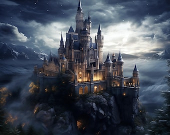 Fantasy Castle Canvas, Night Fairytale Castle with Golden Lights