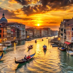 May include: A scenic sunset over the canals of Venice, Italy. Gondolas and boats navigate the water, reflecting the warm hues of the sky. Buildings line the waterway, illuminated by the setting sun. The image captures the romantic atmosphere of the city.