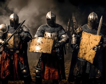 Lienzo de batalla de caballeros medievales: guerreros con armadura