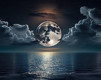 Full Moon Over Ocean Canvas – Night Seascape Reflection
