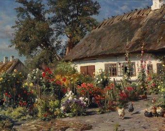 Lienzo de jardín rural: paisaje floral rústico de granja