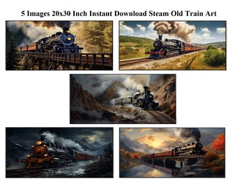 Vintage Steam Locomotive Digital Art Set – Railroad Train JPG Download