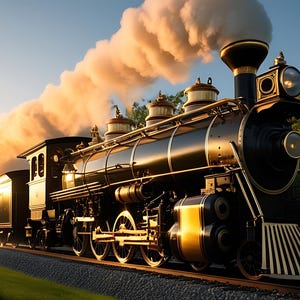 Puede incluir: Un tren de vapor negro vintage con detalles dorados y una gran columna de humo blanco. El tren está sobre una vía, con una zona de césped y árboles en el fondo, iluminado por el sol poniente.