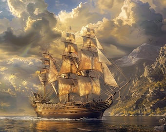 Golden Tall Ship Canvas, Historic Sailing Ship Nautical Decor