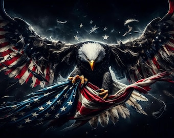 May include: A digital illustration of a bald eagle with outstretched wings, holding the American flag. The eagle's wings are painted with the flag's red and white stripes. The background is dark with stars.