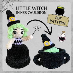 May include: A crochet pattern for a little witch doll sitting in a cauldron. The pattern is available as a PDF download. The witch is wearing a black dress, a green hat, and has green hair. The cauldron is black and has a green lining.