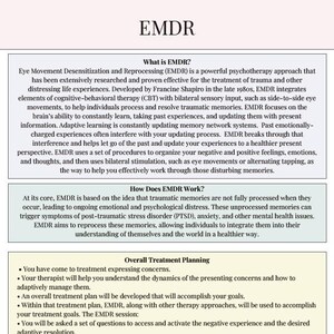 Op de afbeelding: Een wit document met de titel "EMDR" dat Eye Movement Desensitization and Reprocessing uitlegt, een psychotherapie voor trauma. Het beschrijft het proces, de werking en de algemene behandelplanning, inclusief oogbewegingen.
