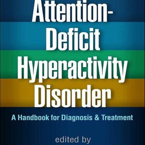 May include: A book cover with the title "Attention-Deficit Hyperactivity Disorder" in large white letters. The cover has horizontal stripes of blue, green, and yellow. The text "A Handbook for Diagnosis & Treatment" and the editor's name, Russell A. Barkley, are also visible.