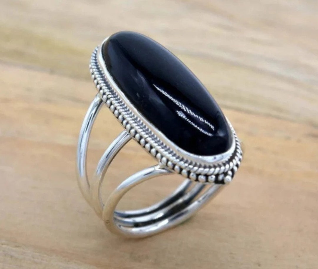 Large Black Onyx Ring for Women, Big Chunky Silver Ring, Large Gothic ...