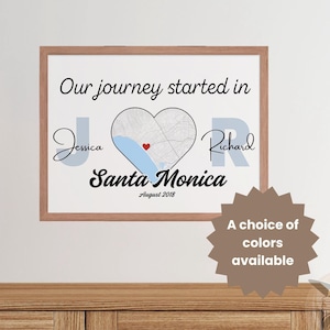 Cadeau imprimé sans cadre Notre voyage a commencé pour les couples, carte du lieu où nous nous sommes rencontrés, histoire de la carte du coeur, cadeau premier rendez-vous, coeur souvenir de notre premier rendez-vous