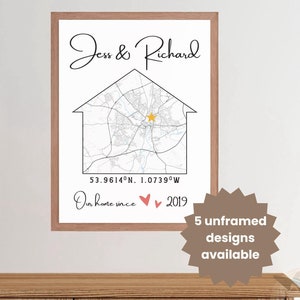Regalo de inauguración de la casa personalizado sin marco para parejas, impresión de mapa personalizada, regalo para un nuevo hogar, larga distancia, ciudad personalizada, mudanza, decoración del hogar