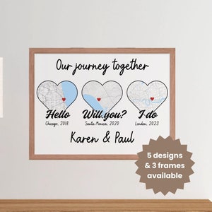 Cadeau personnalisé d'impression de carte de coeur pour les couples, rencontrés, fiancés, mariés, cadeau d'anniversaire de mariage, affiche de voyage personnalisée, carte de voyage, encadrée