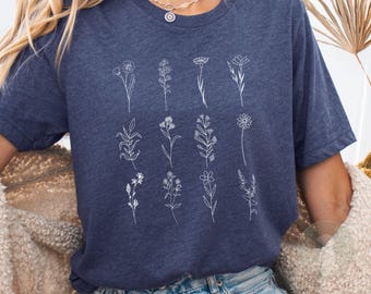Wildflower T Shirt Gift, Plant Lovers Gift, Pressed Flowers, Botanical T, Botanical Tee, Boho Wildflower Shirt, Mothers Day, Mum
