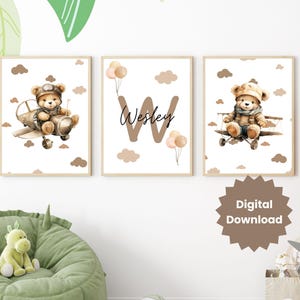 Set of 3 Teddy Bear Nursery Prints, Woodland Animals Decor, Safari Wall Art, Nursery Poster, Transport art, Neutral Teddy Bear Print
