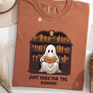 Ghost Reading Book Comfort Colors T-Shirt: Halloween Librarian Tee