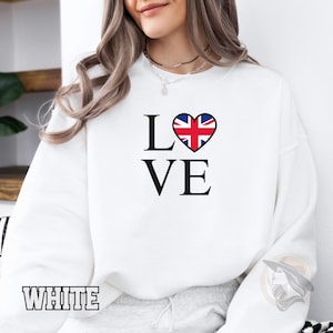 LOVE Sweatshirt UK Flag Heart, Union Jack Jumper, British Gift, England Pride Top, Patriotic Clothing, Valentine&#39;s Day Outfit