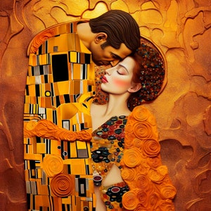 Gustav Klimt style kiss to download, print and decorate, Digital art inspired by Gustav Klimt downloadable and printable,