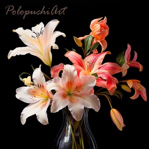 Still life of colorful flowers in a jug printable, Digital file for download, Digital art photo of flowers on black background, Art