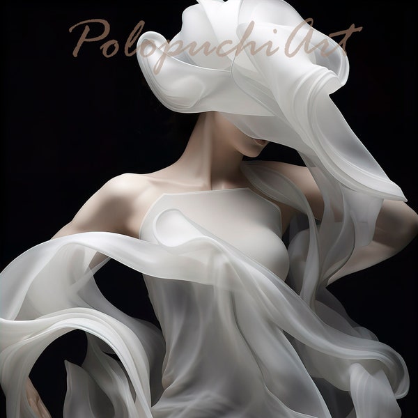 Arte abstracto mujer con fular, Archivo digital para descarga, Pintura artística para imprimir, Mujer con pañuelo blanco. Arte digital