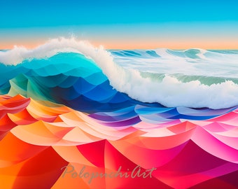 Abstrakte Zeichnung eines Strandes mit bunten Wellen zum Ausdrucken, digitaler Download zur Dekoration, digitale Kunst zum Dekorieren, Farbmalerei