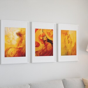 Collection of three abstract images in yellow and orange to download, Abstract art to print, Three drawings in warm tones