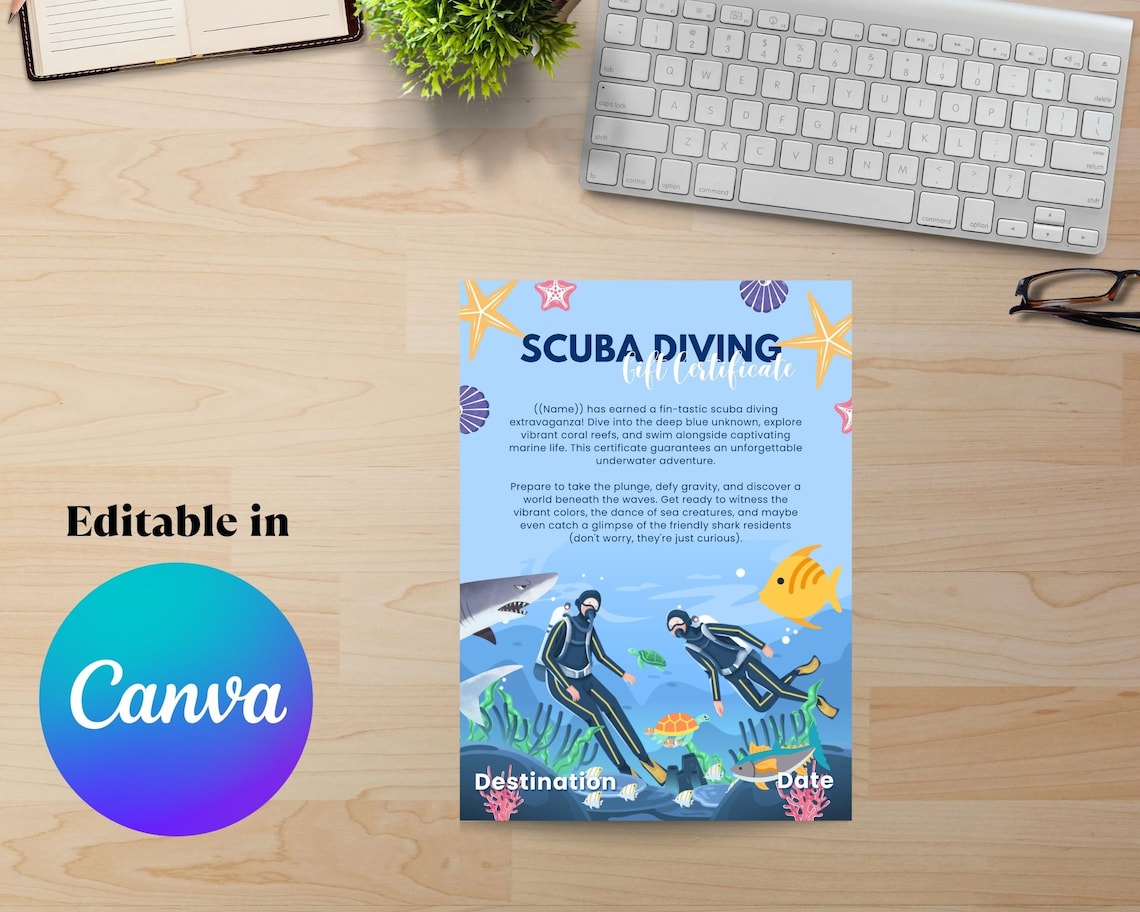 Editable Scuba Diving Gift Certificate, Customizable Invite, DIY