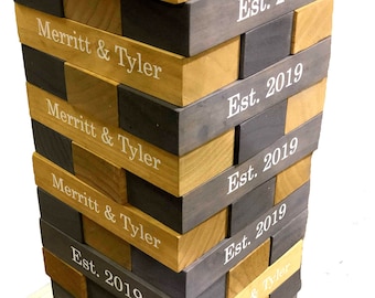 Stained and Engraved Giant Wedding Game for Reception, Yard Games, Wedding Games Outdoor, 54 Blocks, Tumbling Tower, Ideas for Reception