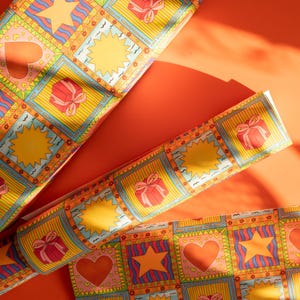 Maximalist Patchwork Gift Wrapping Paper | Vibrant Hearts, Stars & Sunbursts, Folk-Art Inspired Colourful Wrap