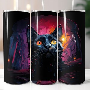 Popart Katze, schwarze Katze Becher, gruseliges Dekor, 20 Unzen Skinny Becher, Halloween Ästhetik, Spooky Saison Geschenk, schwarze Katzen Mond Ästhetik