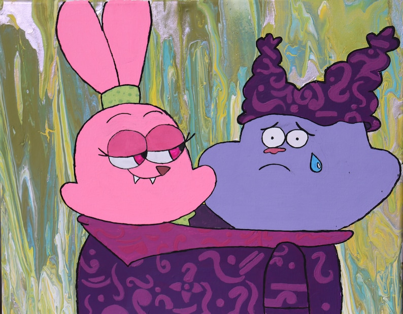 May include: A pink rabbit character with a purple and green patterned dress is hugging a purple character with a sad expression and a single tear. The background is a green and yellow abstract painting.