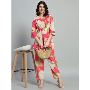 Pink Printed Rayon Pajama Set With Front Slit, Lounge Pajama Set, Bridesmaids Pajama Set, Party Wear Pajama Set, Festival Pajama Set