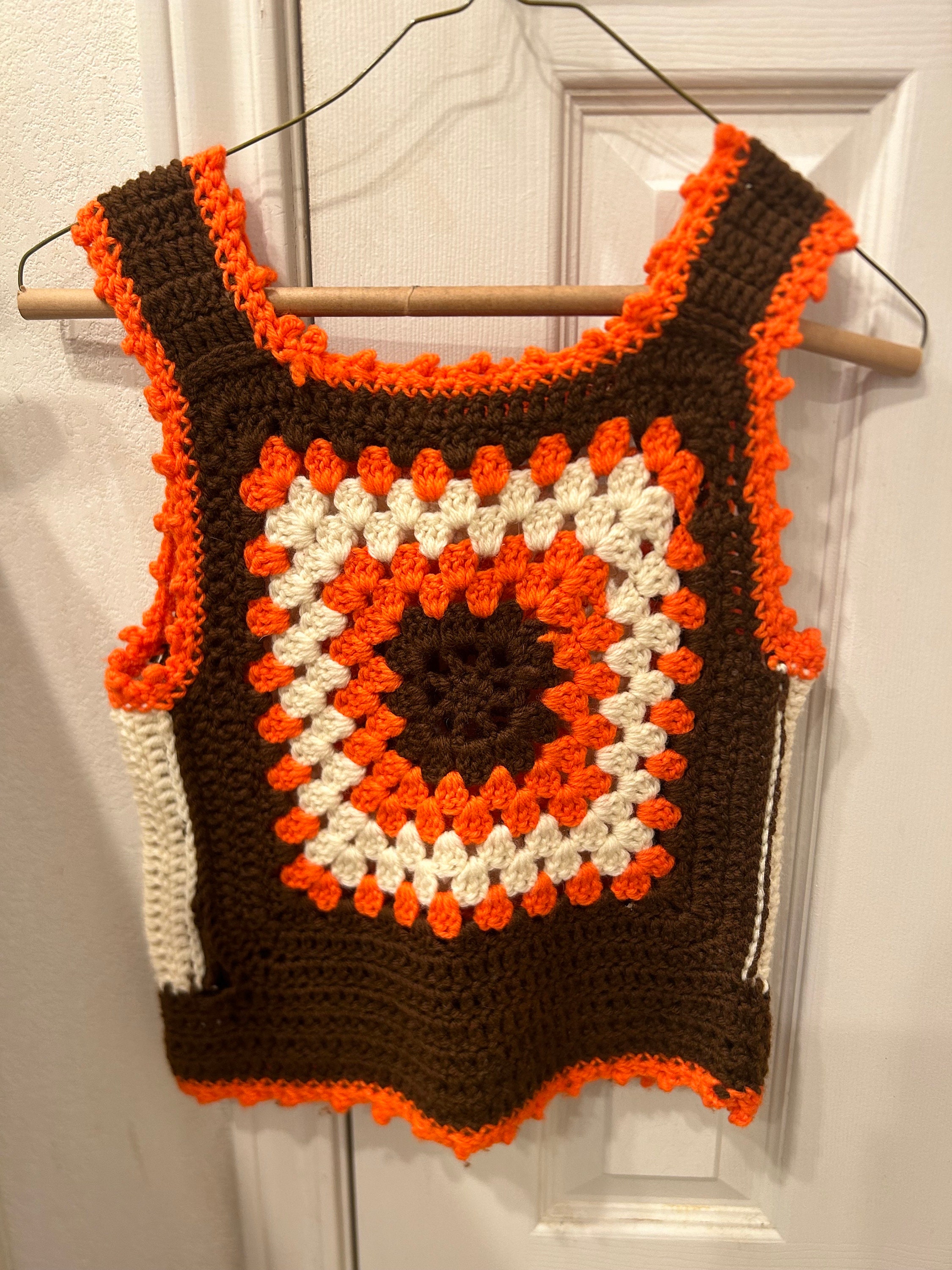 Handknitted Crochet Top With Retro Granny Square,summer