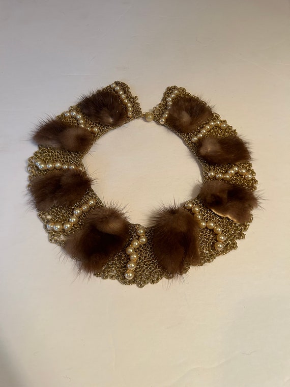 handmade vintage mink and cultured pearl collar