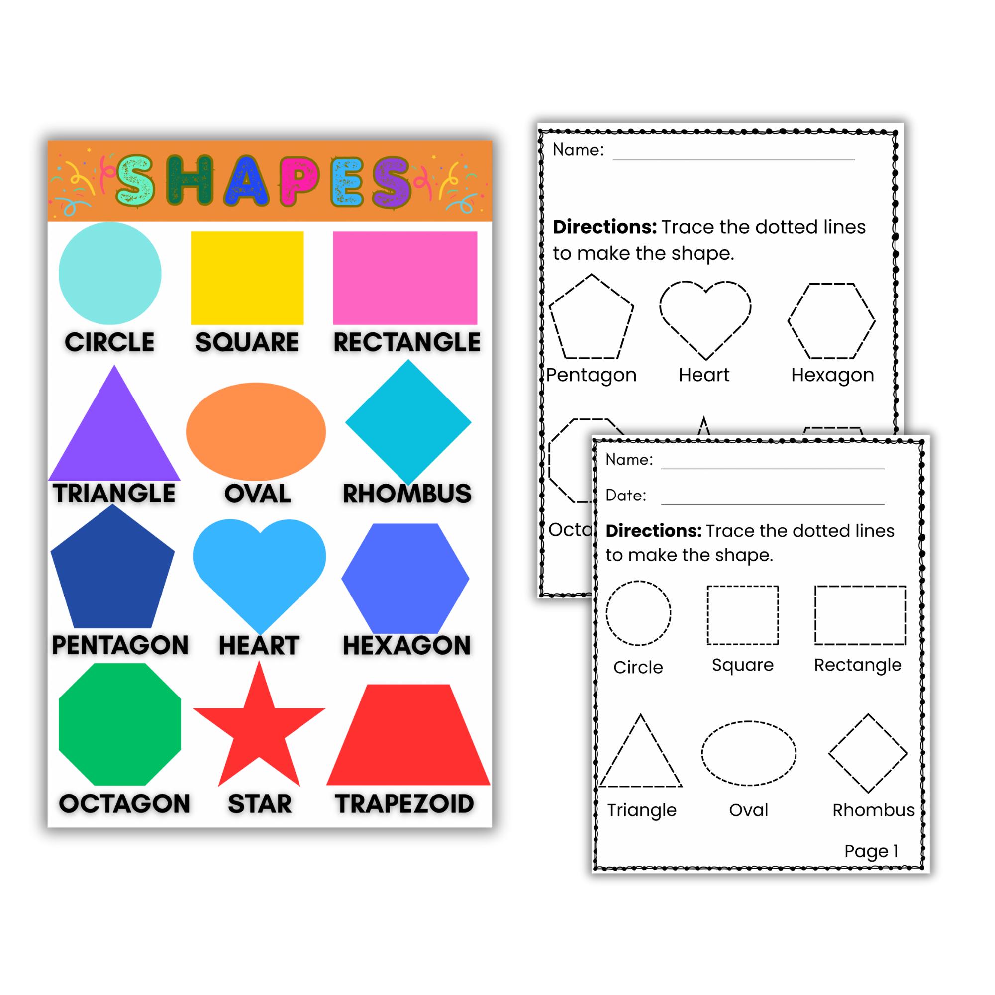 Shapes Poster + Tracing Worksheets | Preschool Printables, Kindergarten ...