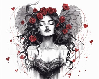 Angel in Flowers Tattoo Design - Transparent background - Download Detailed High Resolution Image PNG File and Light JPG File