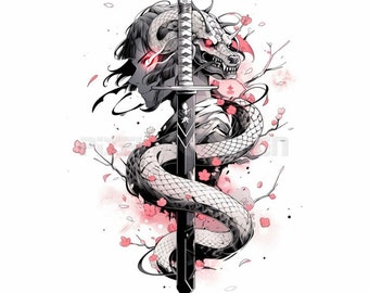 Katana Sword Tattoo Design - Download High Resolution Digital Art PNG Transparent Background | Printable SVG Tattoo Stencil