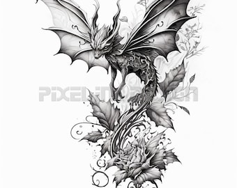 Dragon Tattoo Design - Download High Resolution Digital Art PNG Transparent Background | Printable SVG Tattoo Stencil