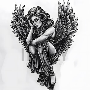 Famale Angel Tattoo Design - Download High Resolution Digital Art PNG Transparent Background | Printable SVG Tattoo Stencil