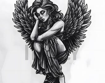 Famale Angel Tattoo Design - Download High Resolution Digital Art PNG Transparent Background | Printable SVG Tattoo Stencil