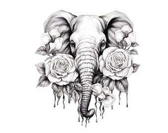 Diseño de tatuaje de elefante con rosas - Descargar arte digital de alta resolución PNG fondo transparente / plantilla de tatuaje SVG imprimible