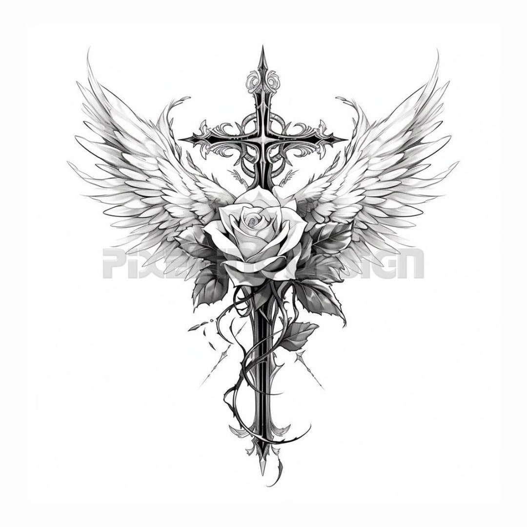cross-with-wings-and-rose-tattoo-design-download-high-resolution-digital-art-png-transparent-background-printable-svg-tattoo-stencil-etsy