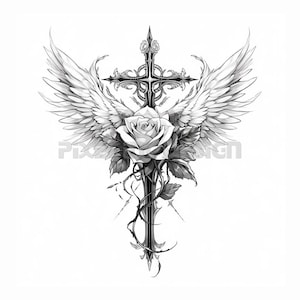 Cross with Wings and Rose Tattoo Design - Download High Resolution Digital Art PNG Transparent Background | Printable SVG Tattoo Stencil