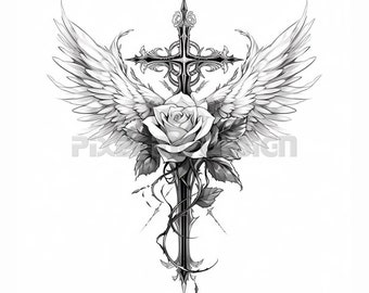 Kreuz mit Flügeln und Rose Tattoo Design - Download hochauflösende digitale Kunst PNG transparenter Hintergrund | Druckbare SVG Tattoo Schablone