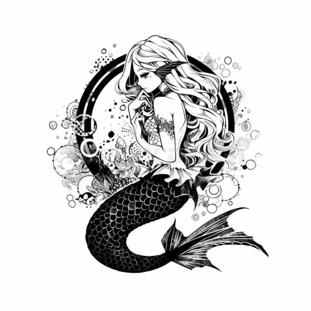 Mermaid and Octopus Tattoo Drawn in Engraving Style By Olena1983 |  TheHungryJPEG